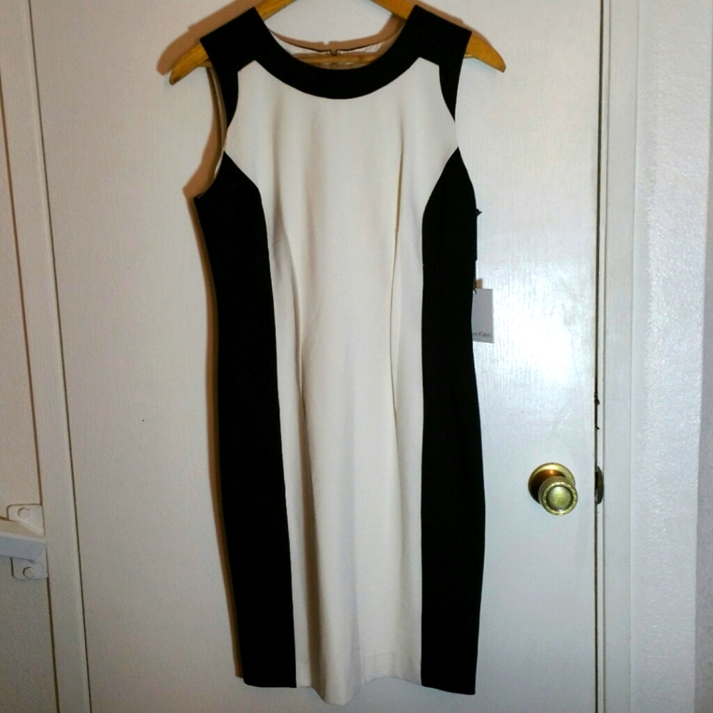 White & black flattering colourblock Calvin Klein sleeveless stealth midi dress
